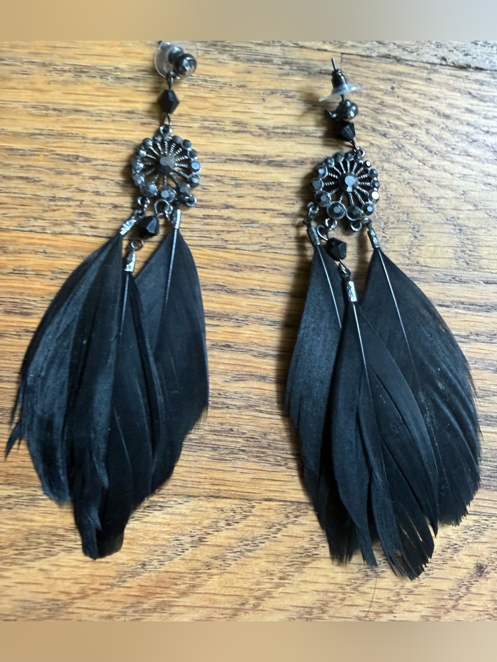 Black Feather Crystal Chandelier Statement Earrings